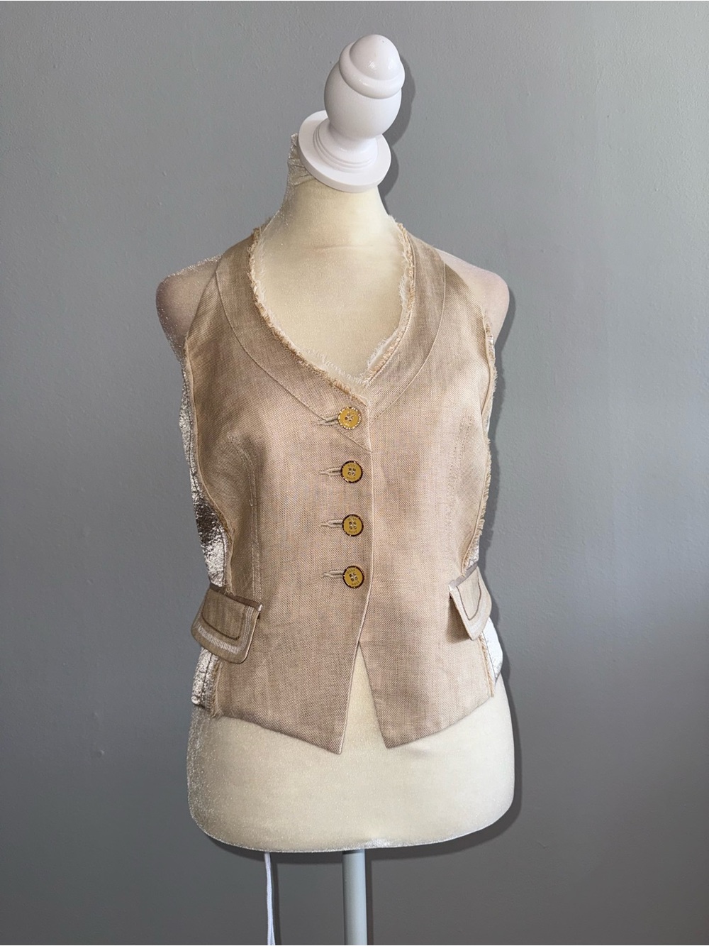 Bebe Neutral Beige Frayed-Edge Vest